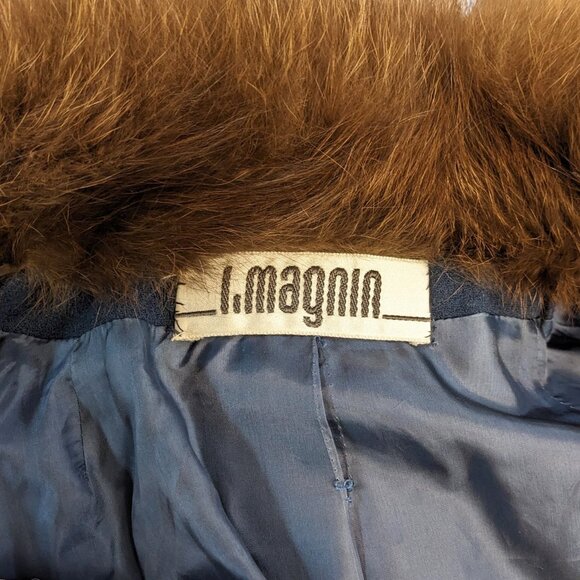 I. MAGNIN/BARON PETERS Vintage Navy Blue Coat w/ Genuine Fox Fur Collar - Picture 7 of 8